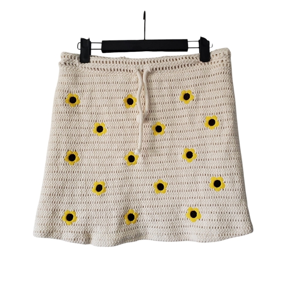Zara Butter Yellow Floral Crochet Hippie Festival Coachella 90s Lined Skirt M - Picture 2 of 8
